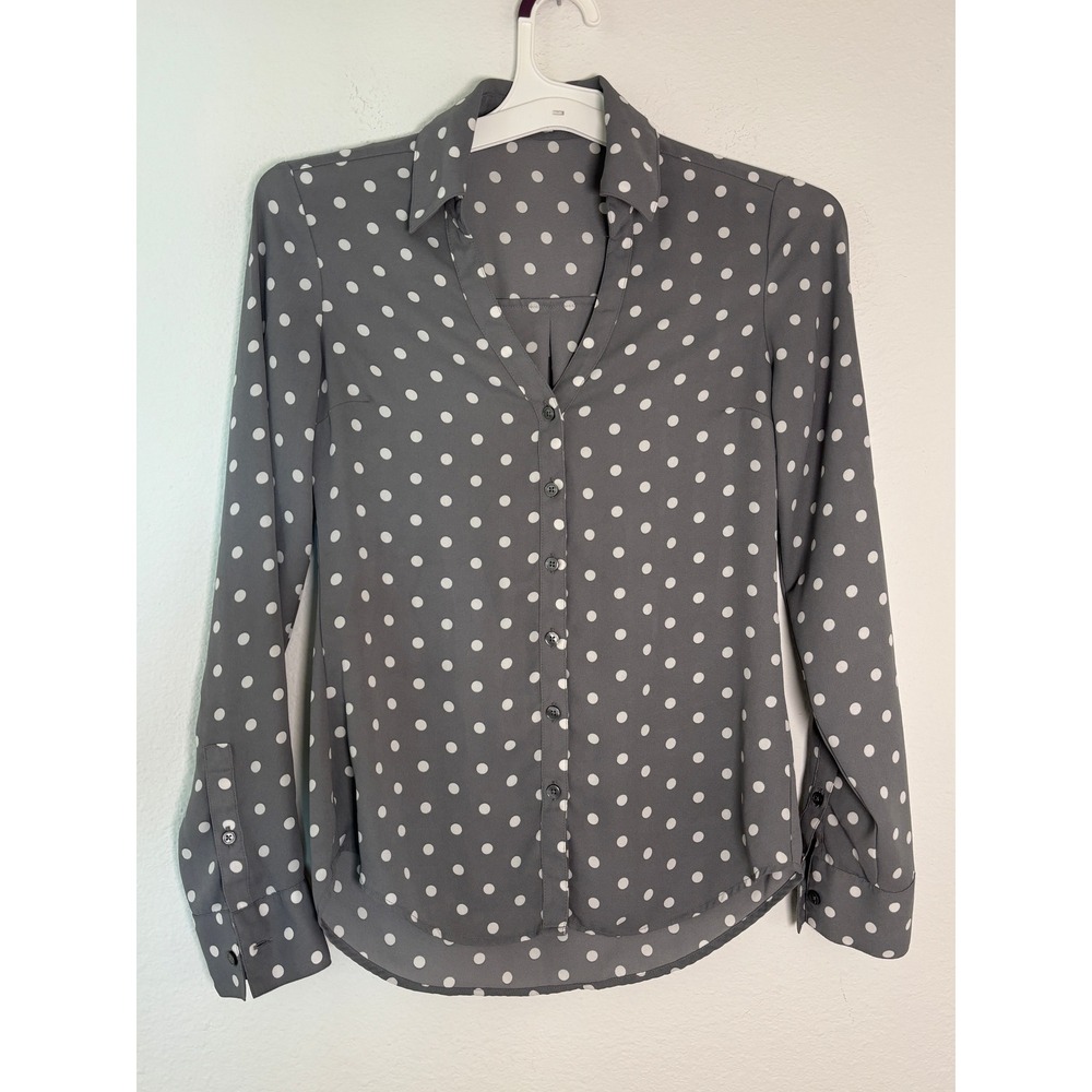 Express The Portofino Shirt Slim Fit Grey Polka Dot Button Down Blouse XXS